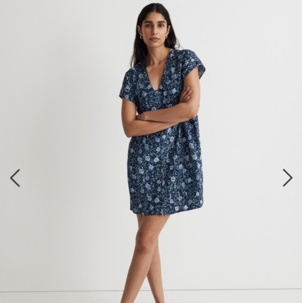 Madewell blue button front floral mini dress size small